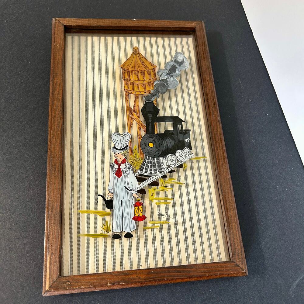 Wall Art Train Conductor Vintage Painted Glass Framed Mid Century Decor Nursery